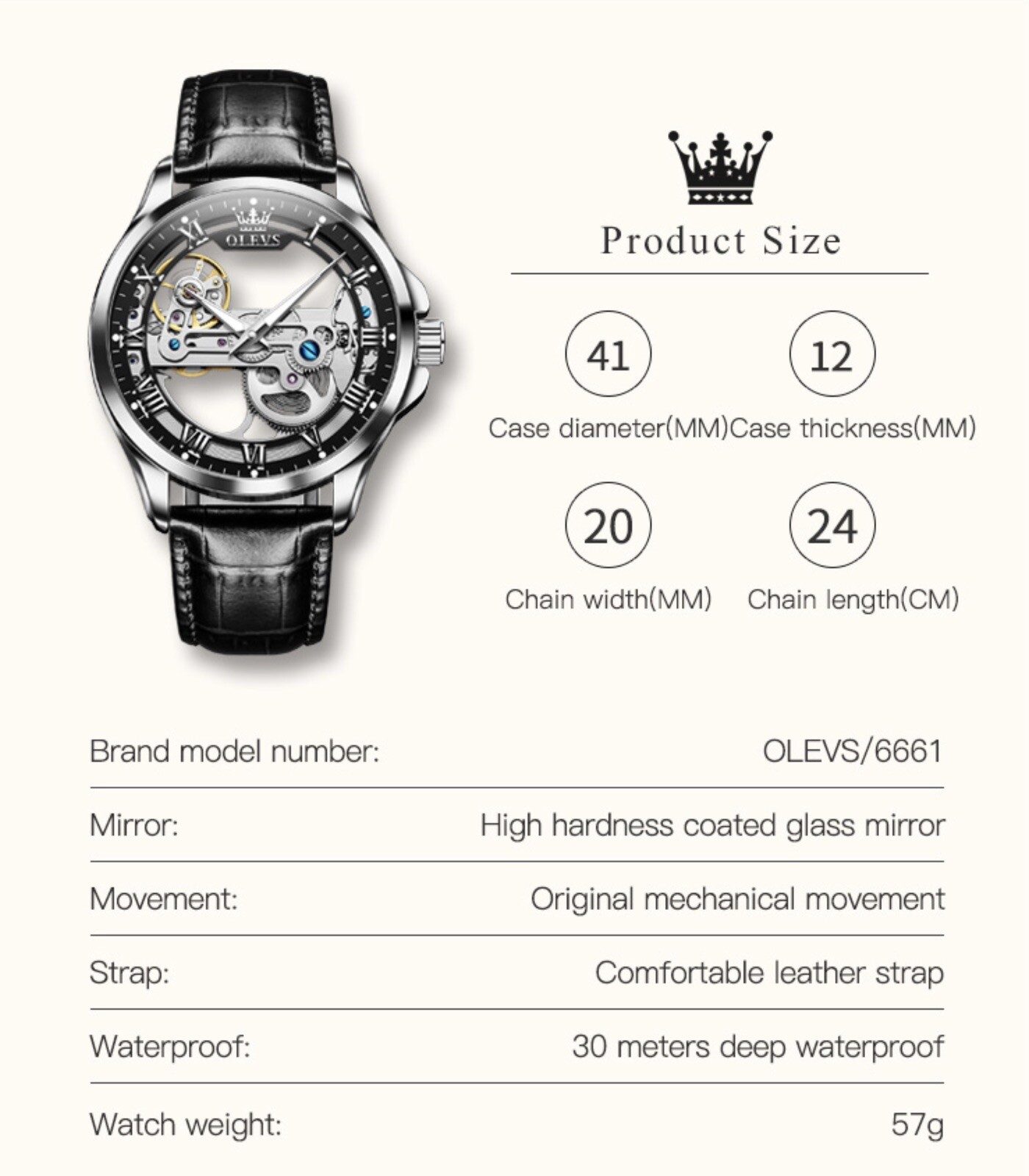 OLEVS Skeleton Watches for Men Automatic Self Winding Mechanical Luxury Leather
