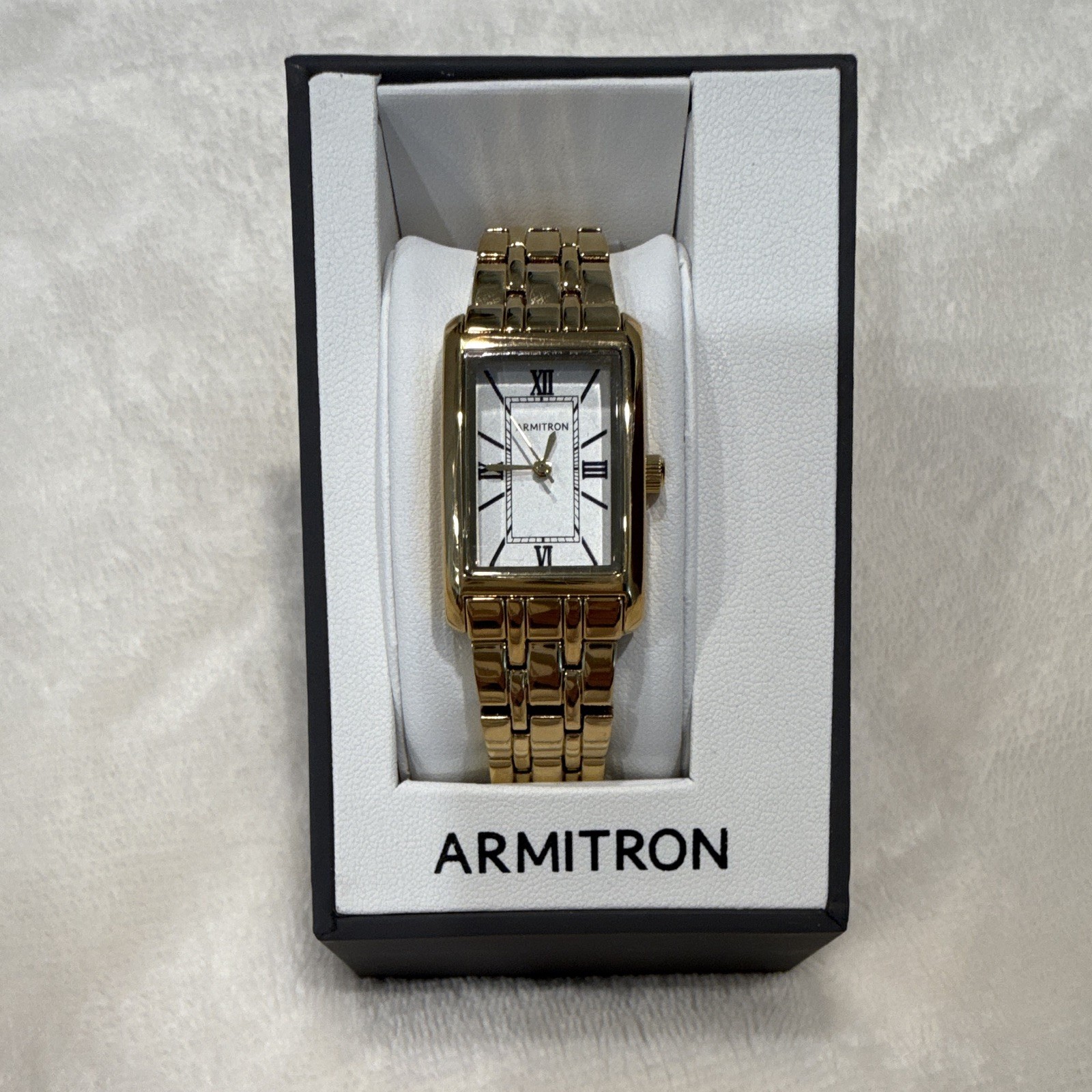 Armitron Women’s Tank Rectangle Analog Quartz Watch White Dial Gold Tone Box
