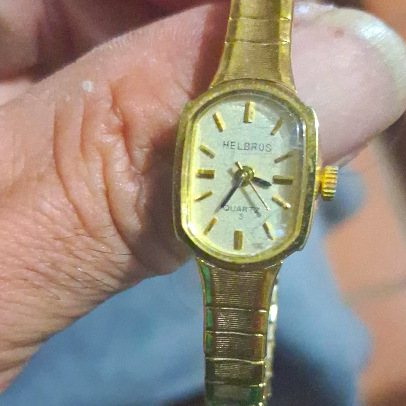 Helbros Quartz Vintage 80s Rectangular White Dial Gold Tone Bracelet Watch