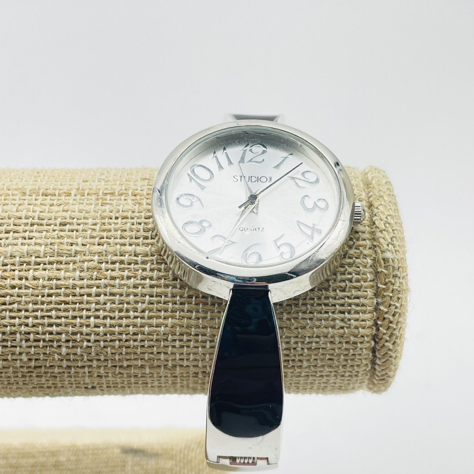 STUDIO TIME Watch Womens Quartz Hinged Cuff Bracelet Unique Dial Silver Tone
