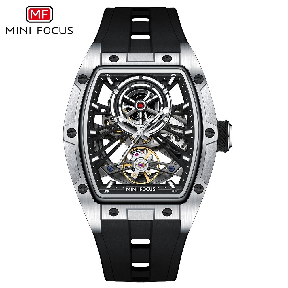 MINI FOCUS Men’s Tonneau Skeleton Flywheel Silicone Automatic Mechanical Watch