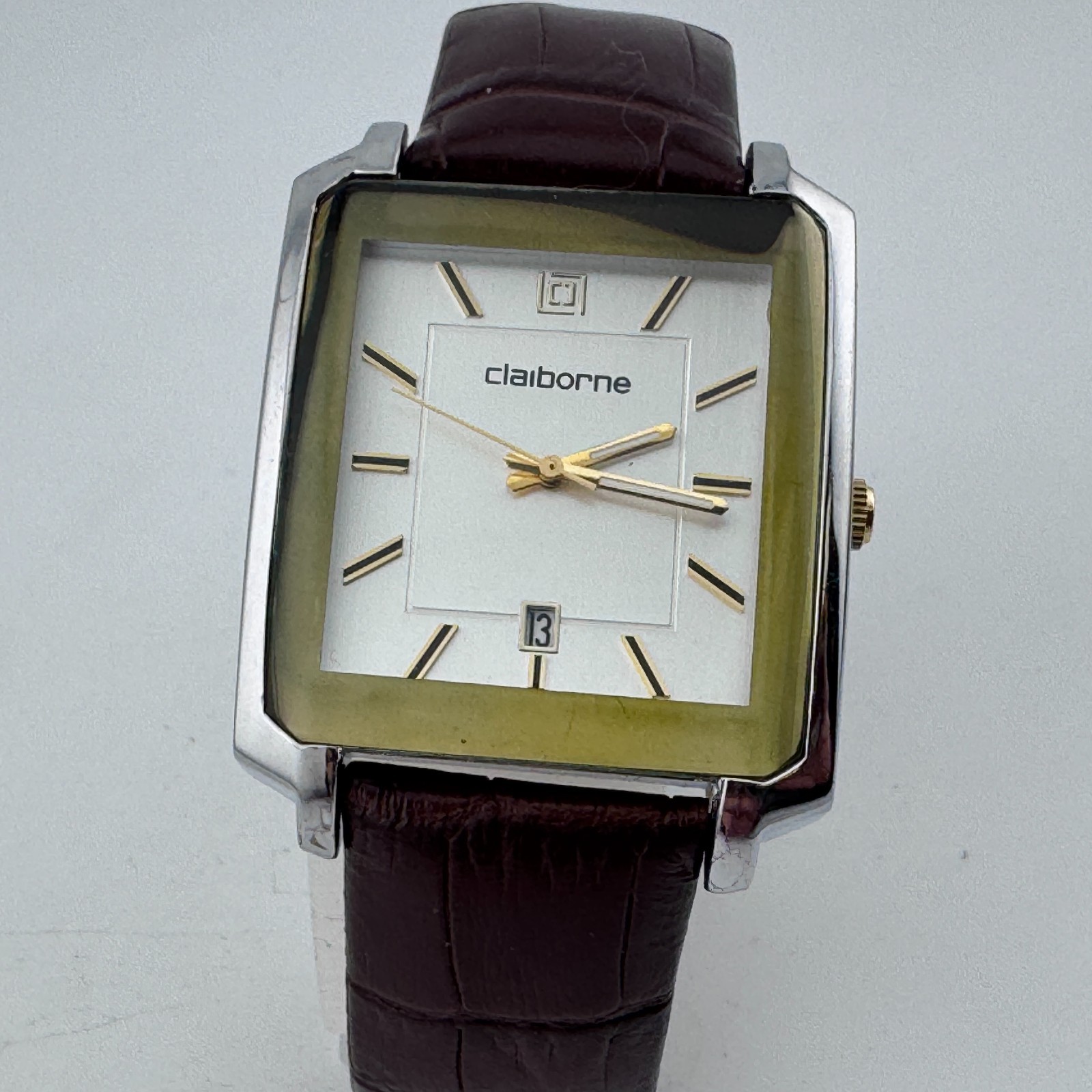 Claiborne Quartz Watch Men Silver Rectangle Date Leather Japan Analog New Batter