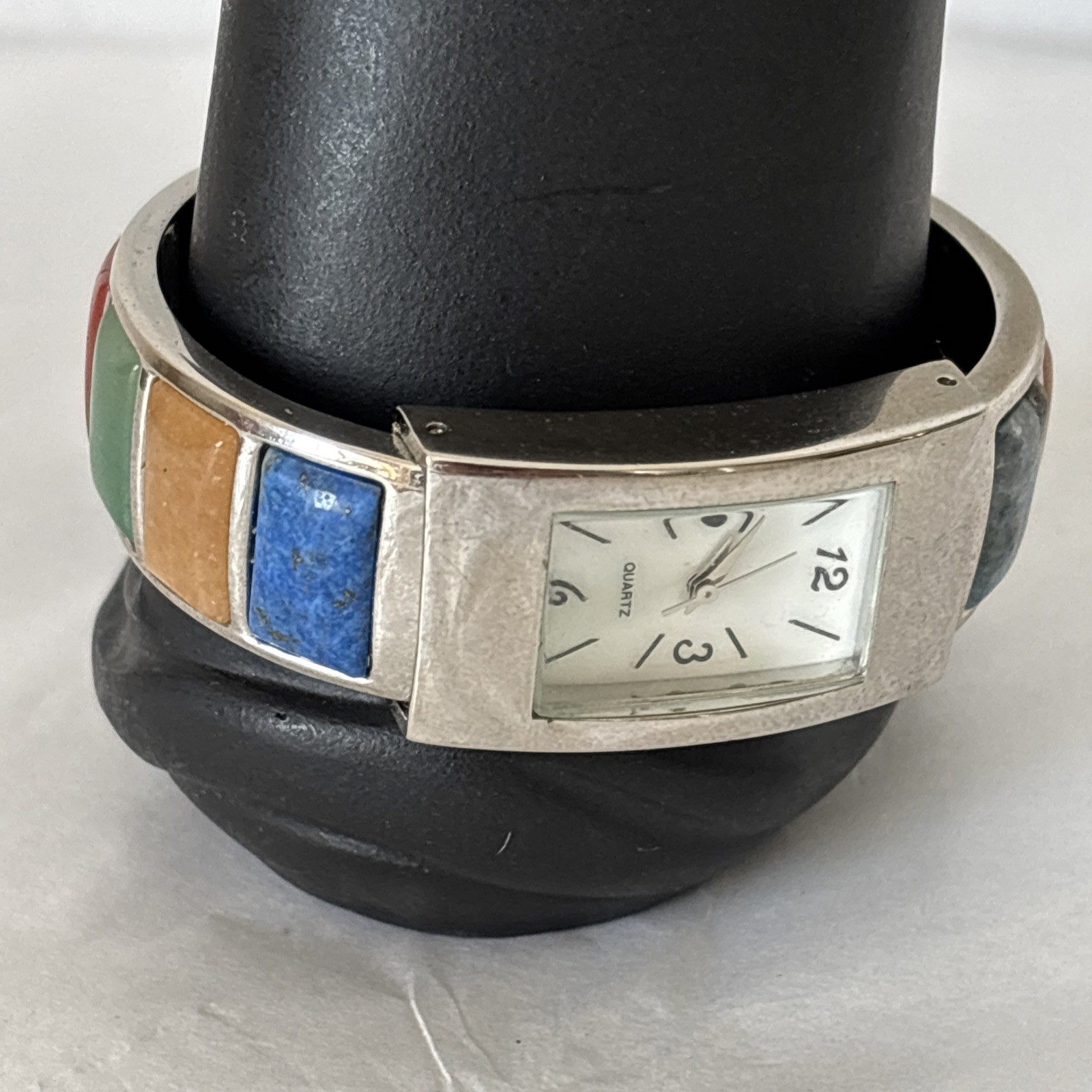 Bangle Clamper Womens Watch Silvertone Multicolor Polished Stones Untested