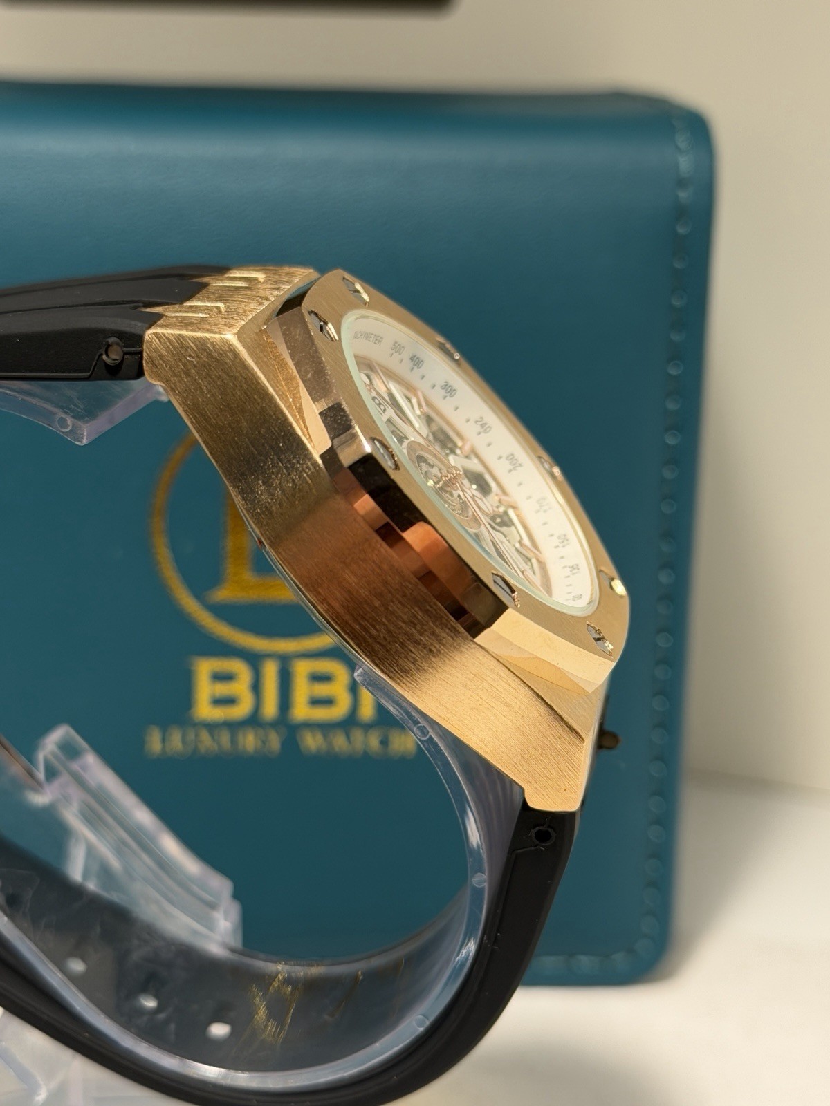 BIBI Skeleton Automatic Watch Rose Gold Black Silicone Strap 41.5mm! SLEEK! NEW!