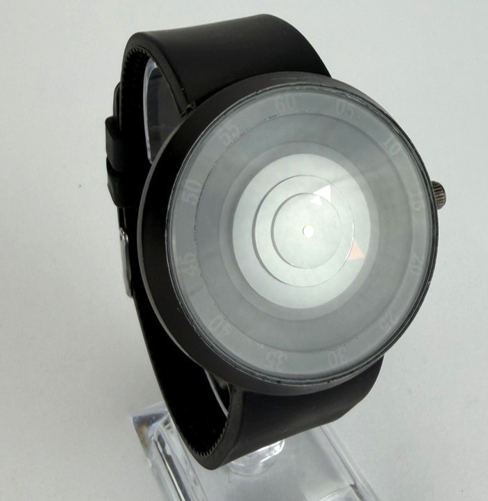 Minimalist Rotating Disk Watch w Black Rubber Band 3D Turntable NEW BATT