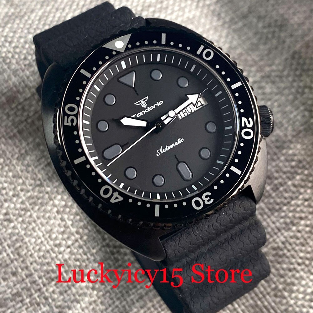 Tandorio 45MM PVD Black Case NH36A Automatic Men Watch unidirectional Bezel Band