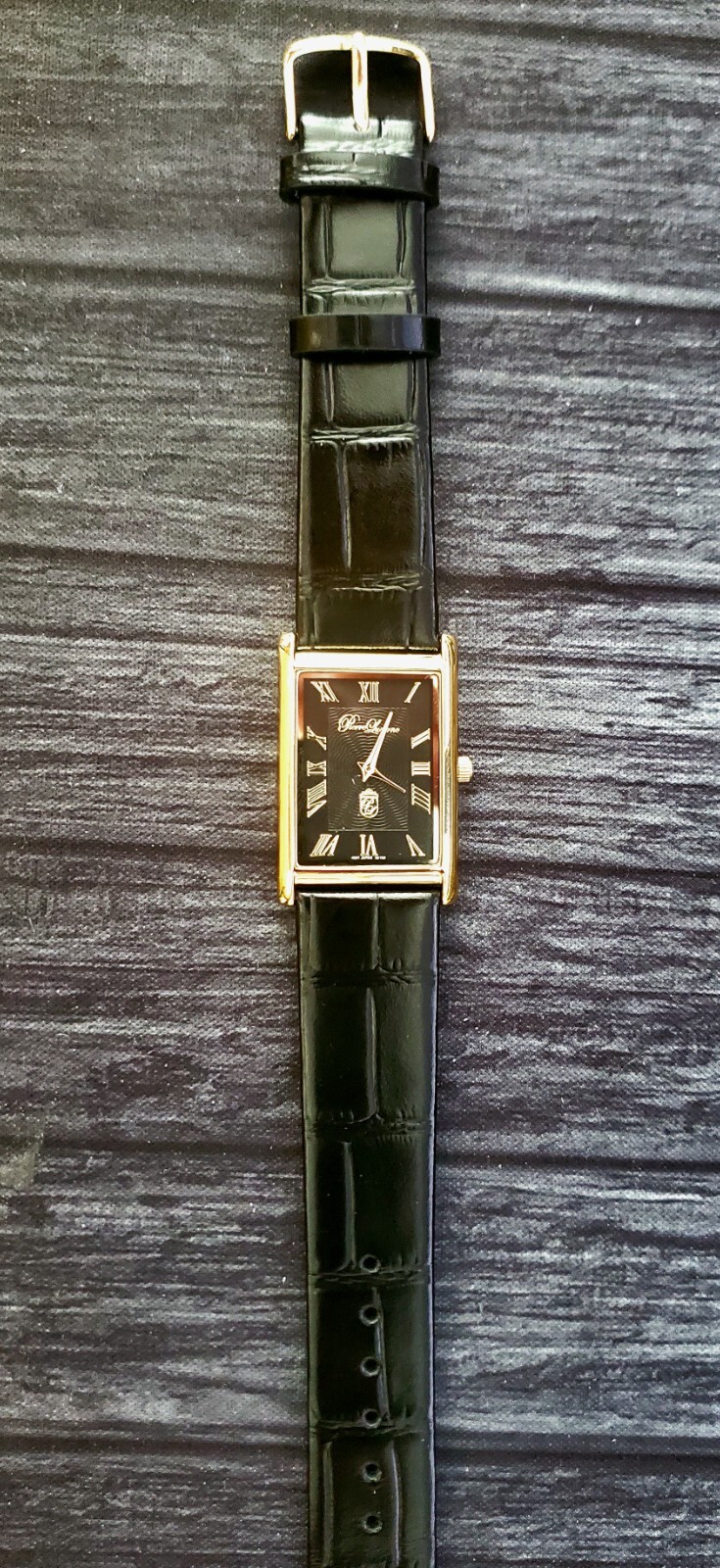 Authentic Pierre Lucerne Slim Quartz Mens BLK Tank Dress Watch