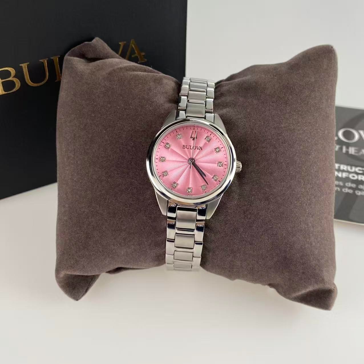 Bulova Sutton 96P249 Pink Diamond Dial Stainless Steel Women’s Quartz Watch 28mm