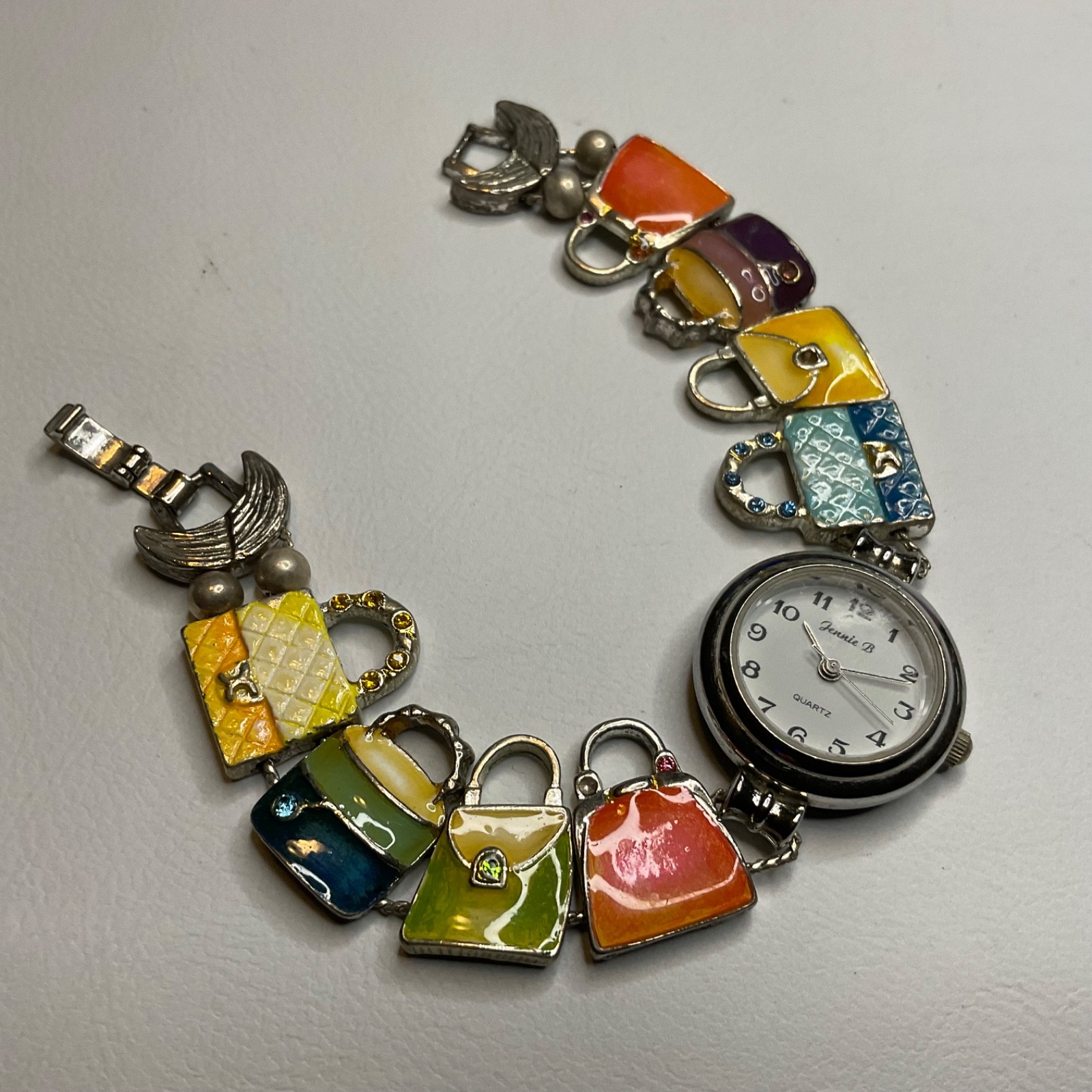 Jennie B Colorful Enamel Handbag Purse Charm Bracelet Watch Japan Movt Working*