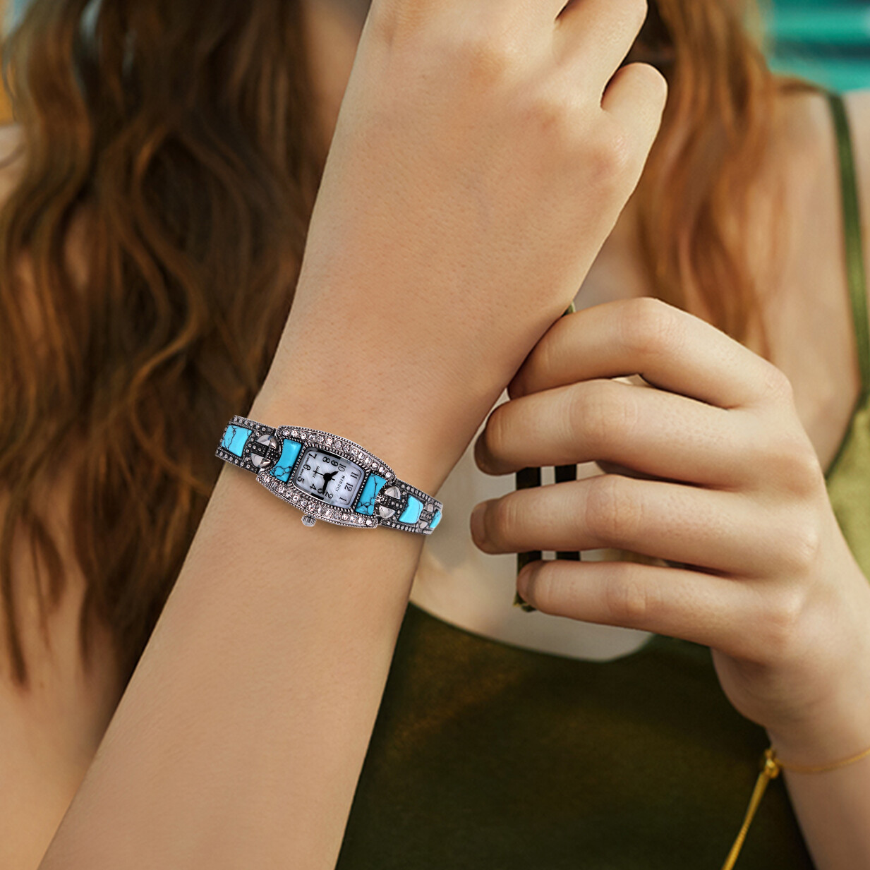 Blekon Collections Ladies Square Face Rhinestone Turquoise Linked Band Watch