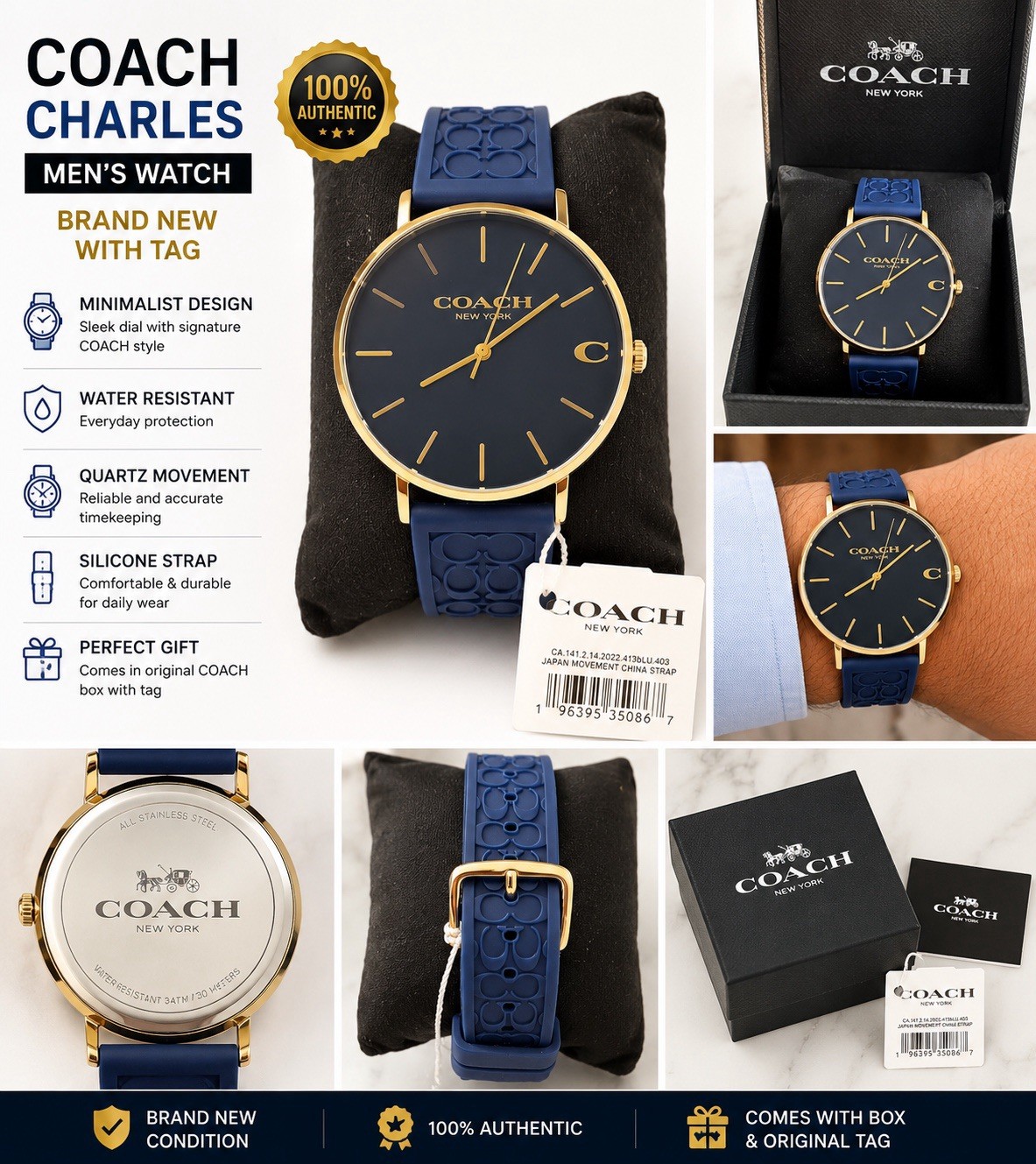 COACH Charles Men’s Quartz Blue Dial Gold SS Case Blue Silicone Strap 30m Box