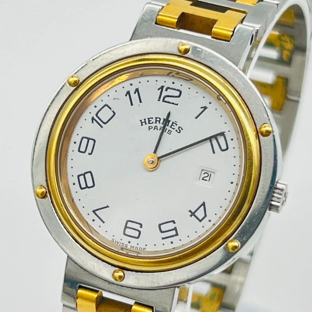 HERMES Clipper Watch White Dial Silver x Gold Combination Color Battery Replaced