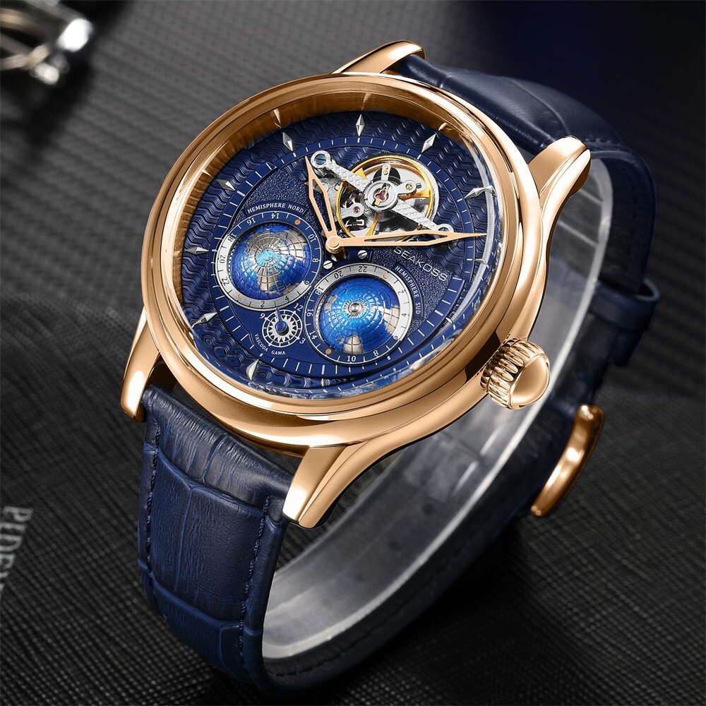 SEAKOSS Men’s Automatic Watch World Time Blue Dial Rose Gold Leather Strap