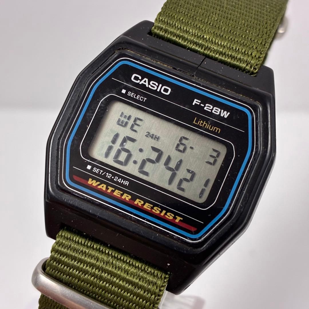 CASIO F-28W Wristwatch Vintage Digital Olive NATO Belt Classic Retro