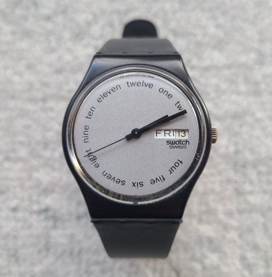 Vintage 80s Swatch Watch Gray Black Dial 3 Hand Day Date Quartz 1989 Working