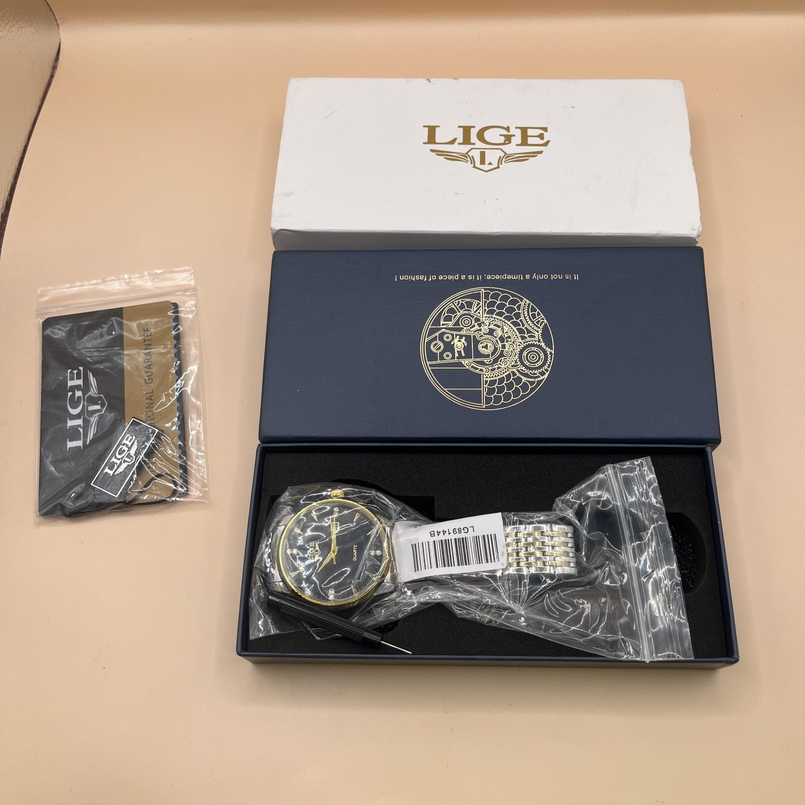 LIGE Quartz Watch Mens Two-Tone Stainless Steel Black Dial Date Analog New Box