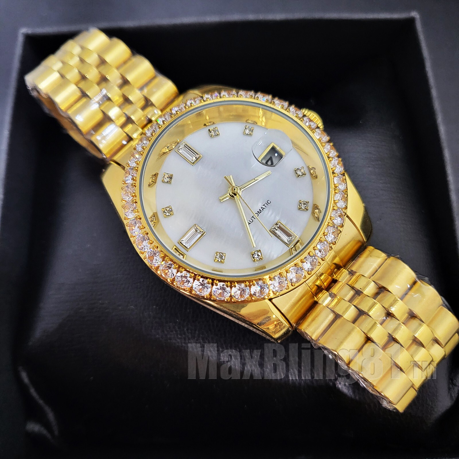 Iced icy Full Stainless Steel Band Luxury Automatic Date Simulated Diamond Watch