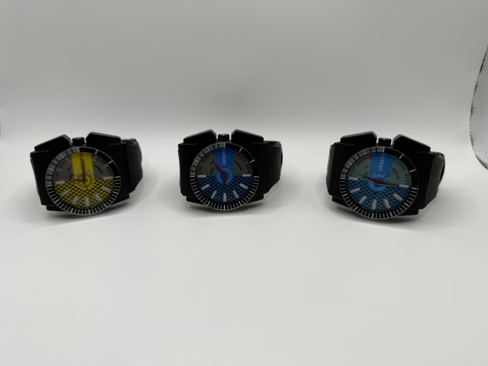 Lot of 3 Geneva Men’s Watches Black Silicone Band Blue Yellow Dial Untested