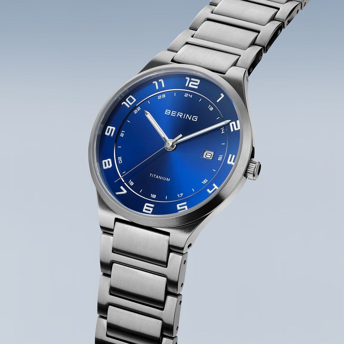 Bering Time – Mens Titanium Brushed Silver Watch w/ Blue Dial – 15139-707