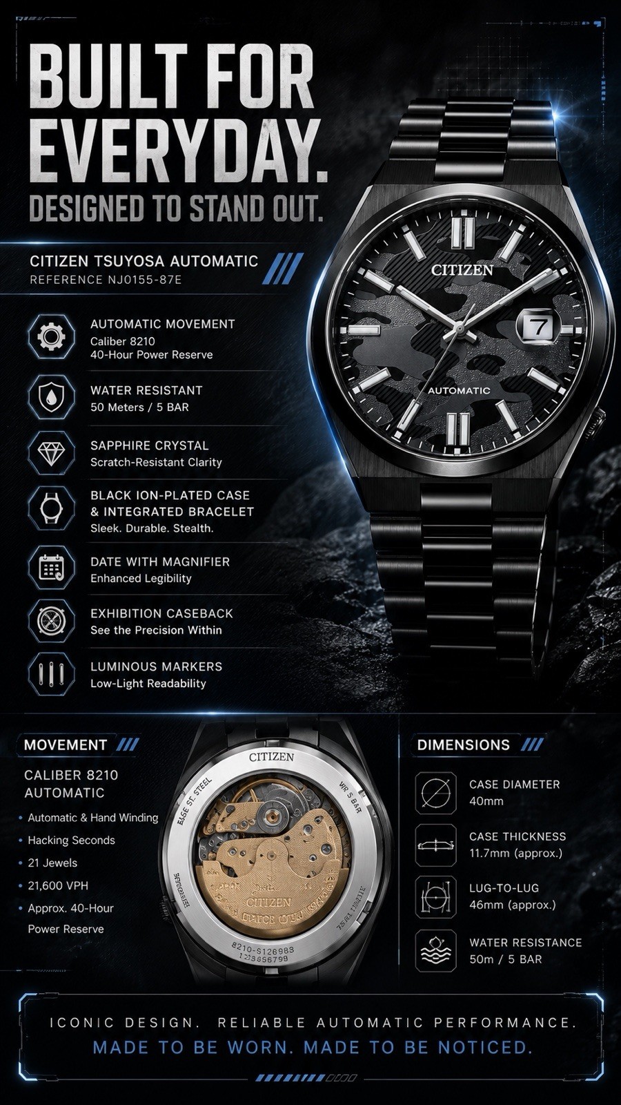 Citizen Tsuyosa NJ0155-87E Automatic Black Camo Dial 40mm Sapphire Watch