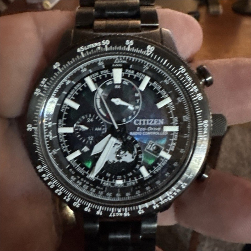 Citizen Eco-Drive sky Chronograph Slide Rule Black Dial 200m Mens 44-47.9mm