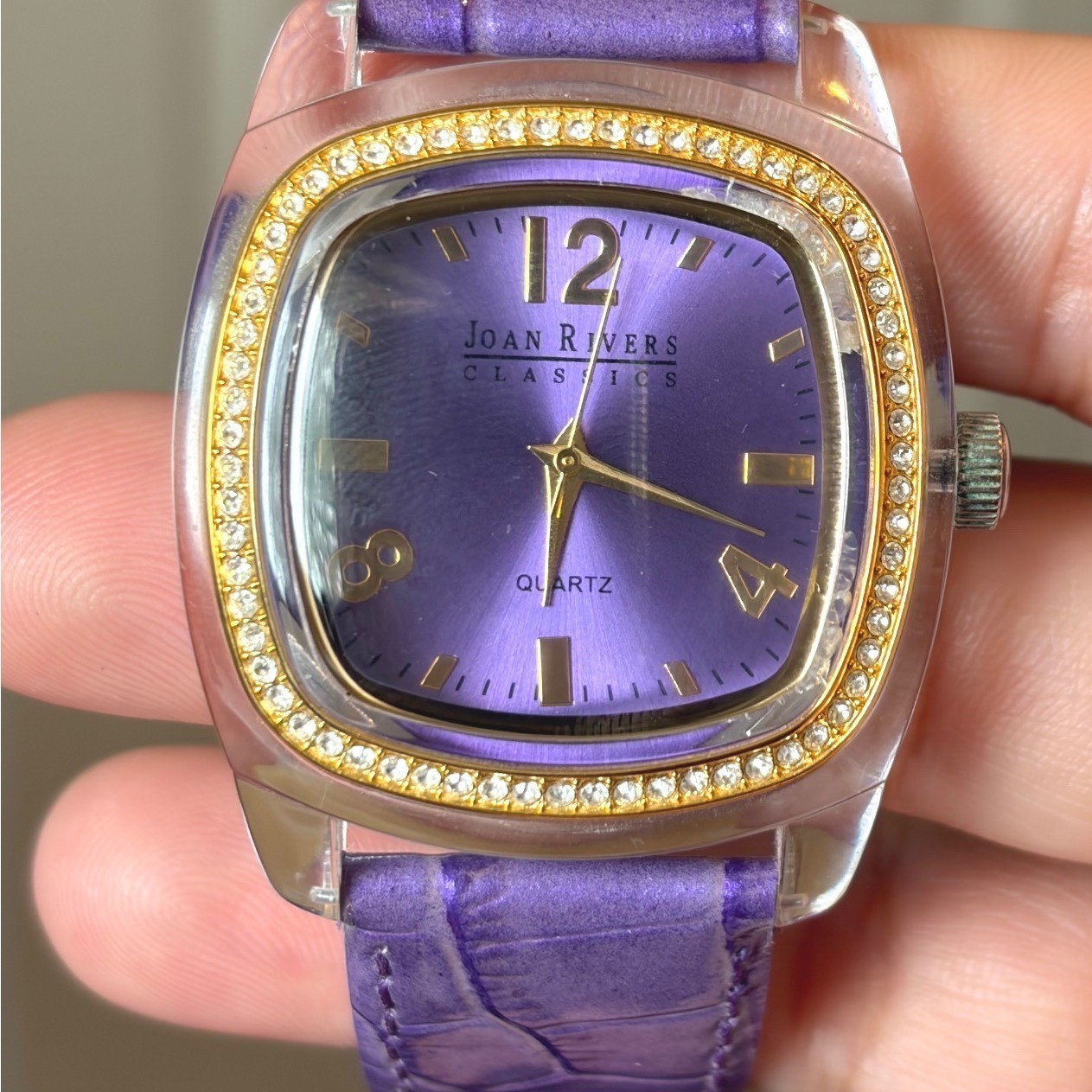 Joan Rivers Classics Purple Dial Crystal Bezel Acrylic Case Leather Watch
