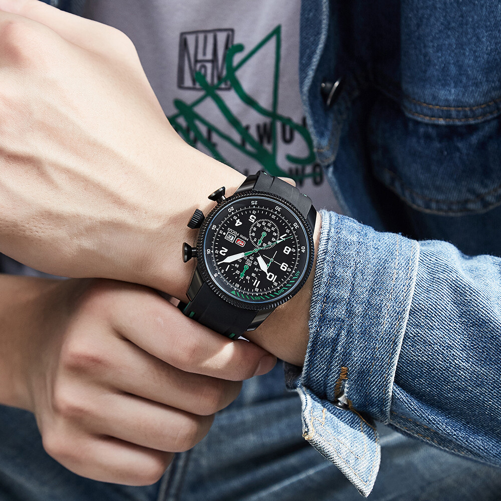 MINI FOCUS Men Quartz Watch Chronograph Wristwatch Luminous Silicone Males Watch