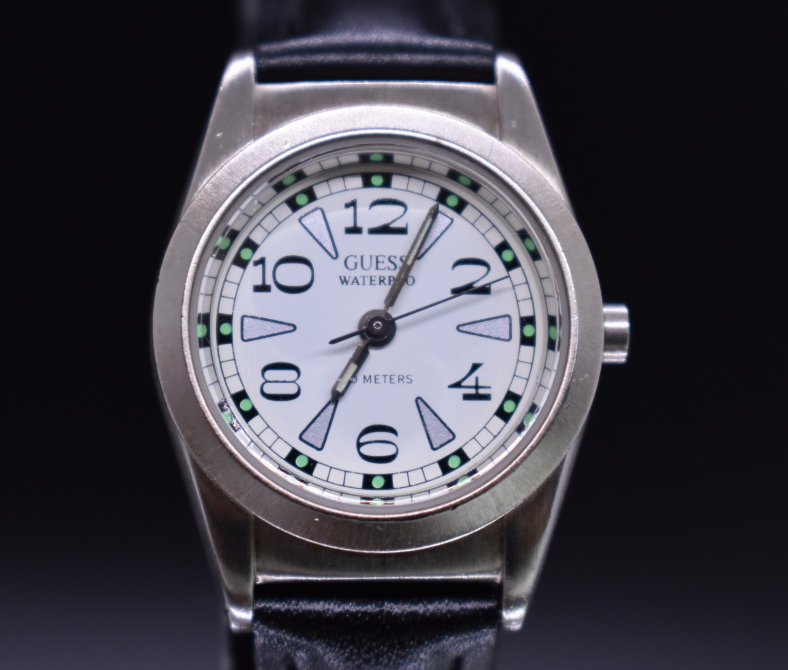 Vintage Guess Waterpro Watch Women 1995 Silver Tone 50m Black Leather Dress