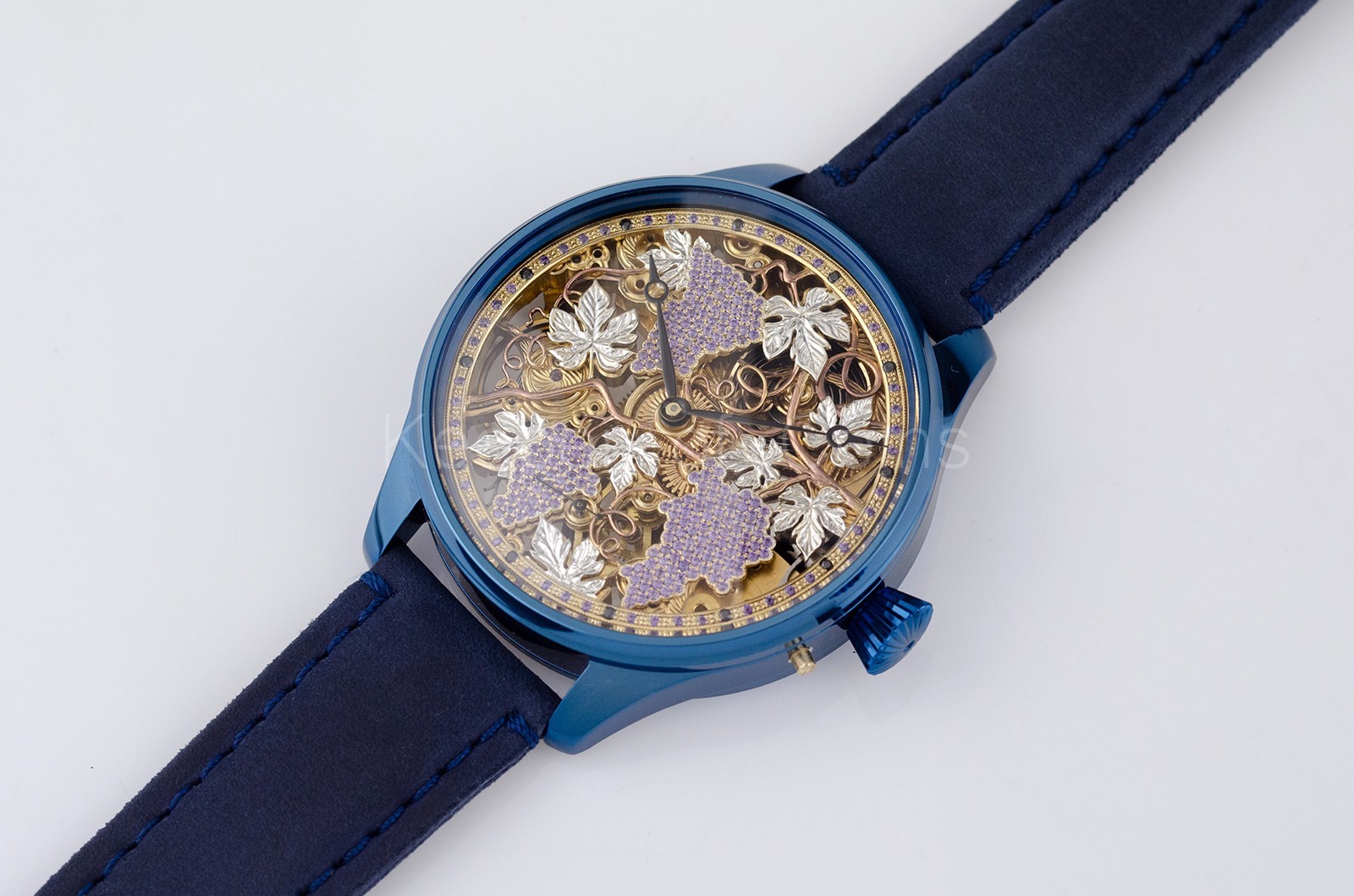 SWISS MOVEMENT SKELETON “GRAPE” ENGRAVED WRISTWATCH CUSTOM MADE MARRIAGE WATCH