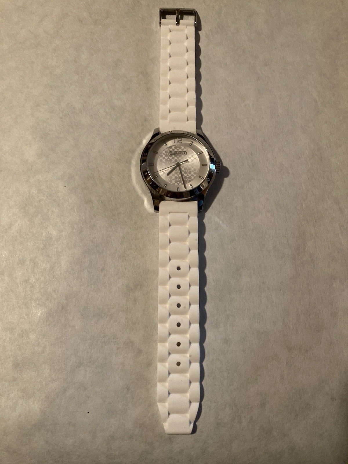 Ladies Coach Round Silver Tone White Logo Dial Silicone Band Analog Watch