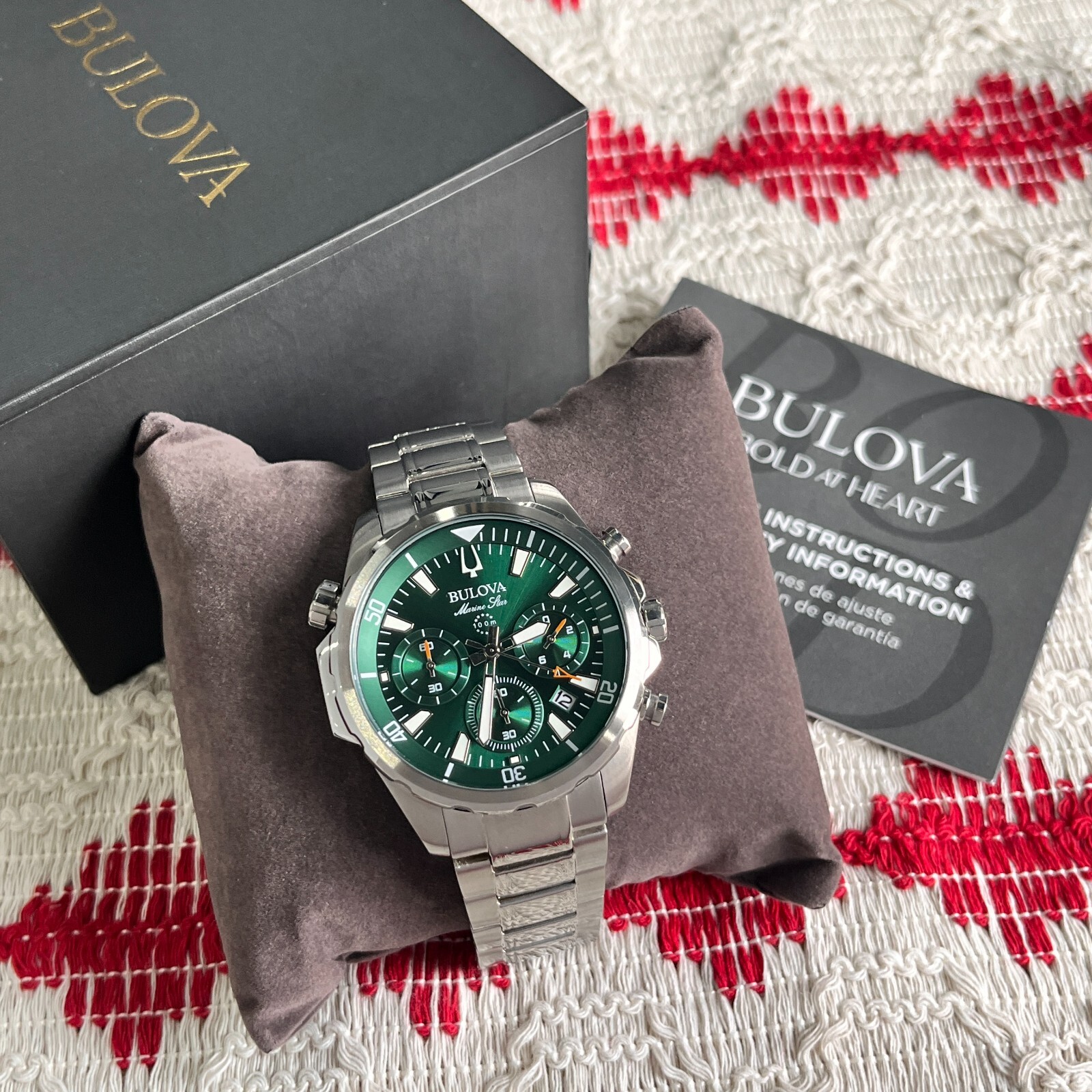 Classic Bulova Marine Star 96B396 Green Dial 43mm Chronograph Quartz Men’s Watch