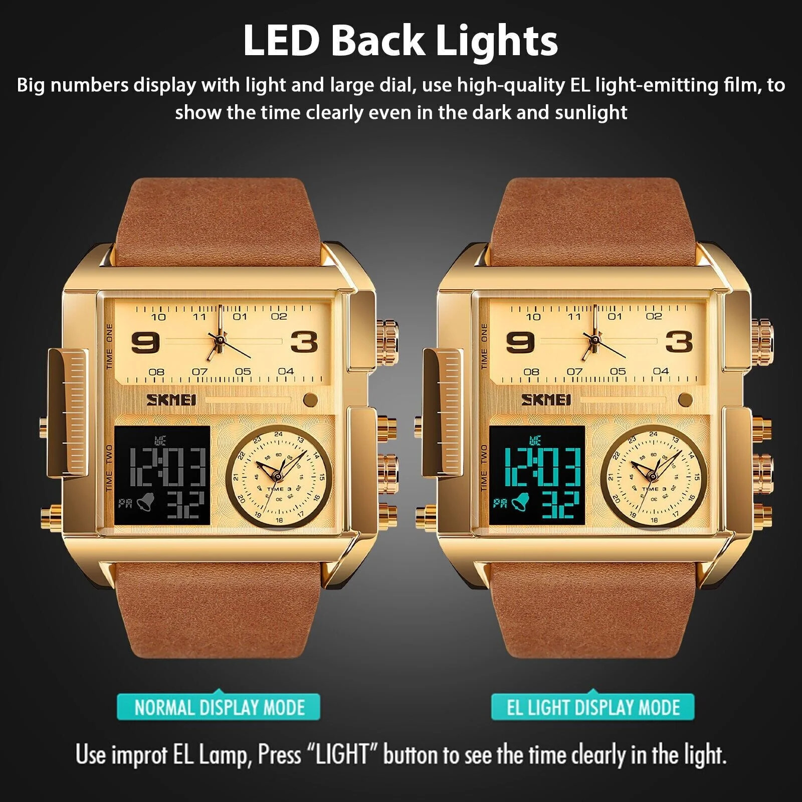 Men’s Triple Sub-Dial Quartz Watch Genuine Leather 3 Timezone Stopwatch Gold