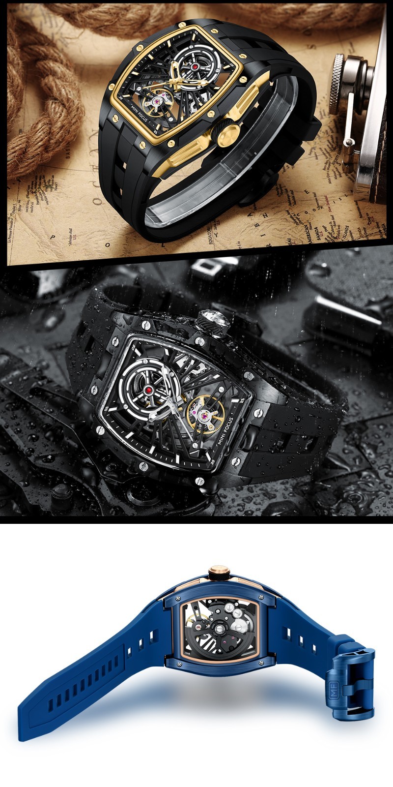 MINI FOCUS Men’s Tonneau Skeleton Flywheel Silicone Automatic Mechanical Watch