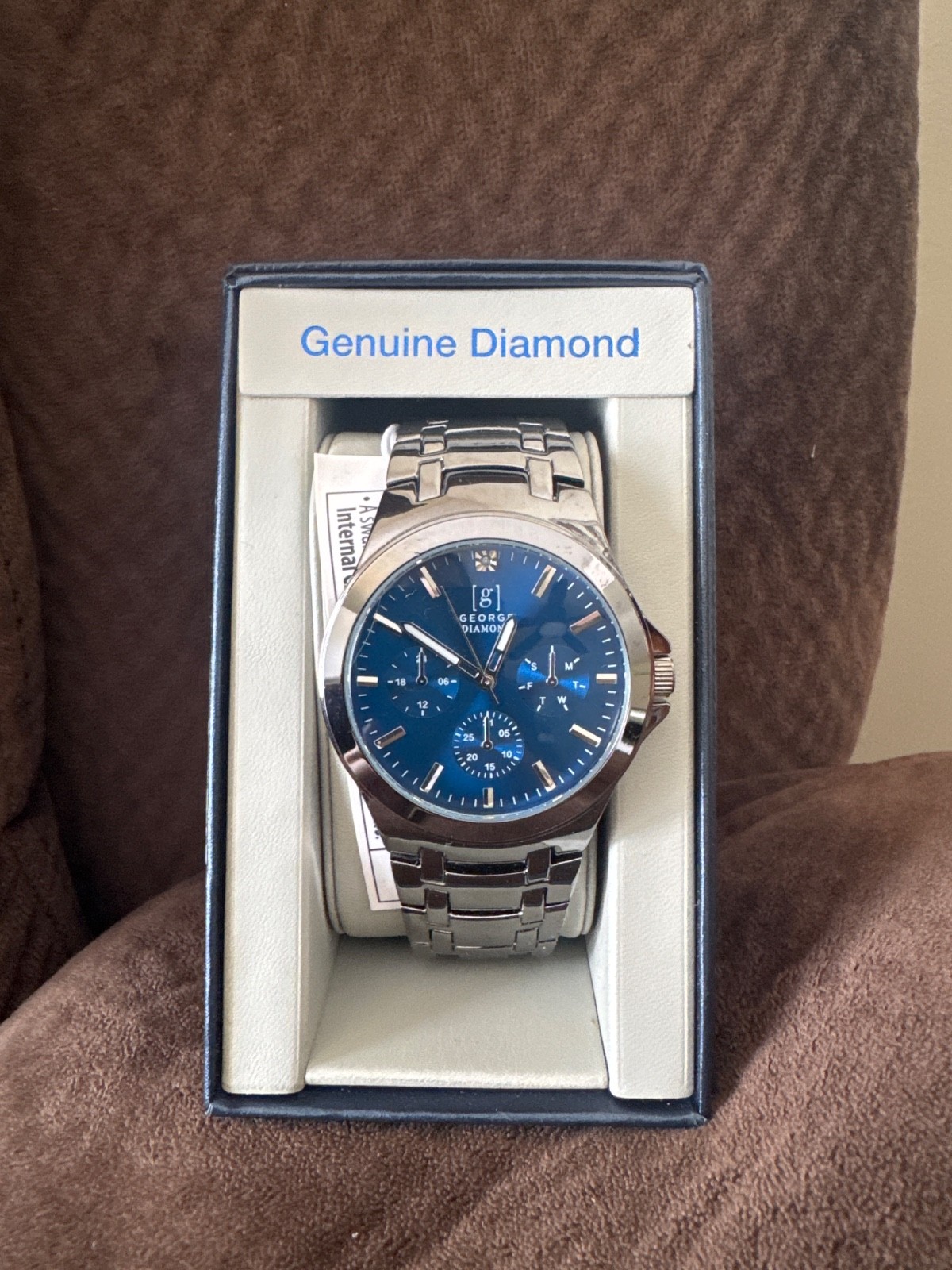 George Genuine Diamond Watch 41mm Silver Tone Blue Face