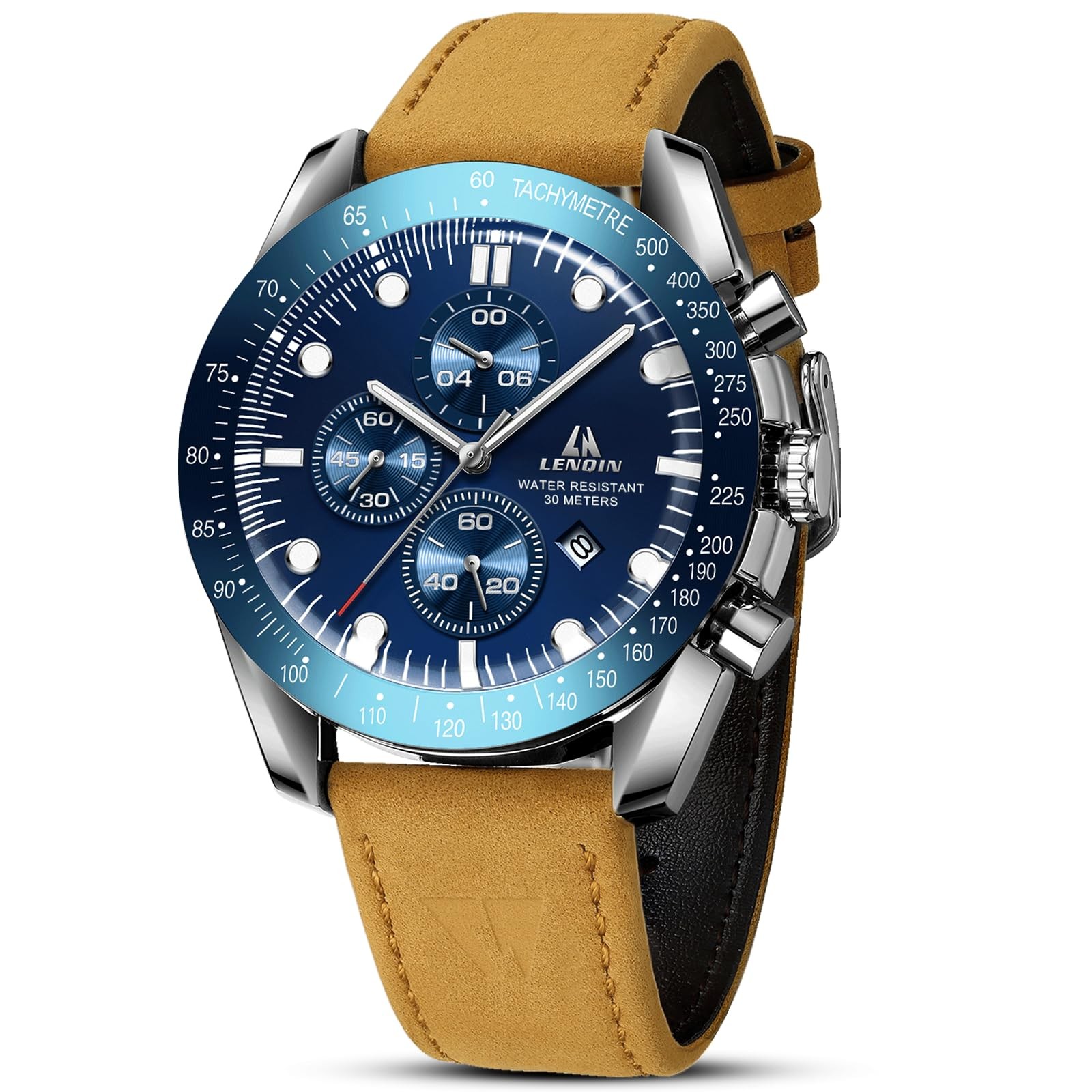 Luminous Men Quartz Watch Date Display Mineral Glass Genuine Leather Strap 46mm