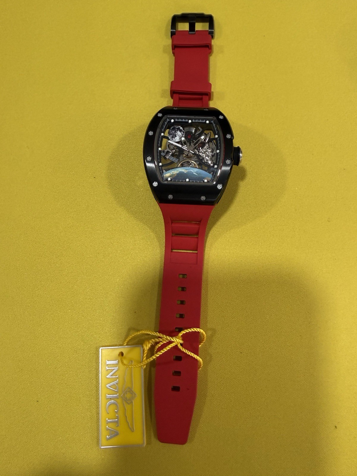 Invicta 70178 Men’s Automatic Skeleton Dial Tonneau Watch Black/Red Strap