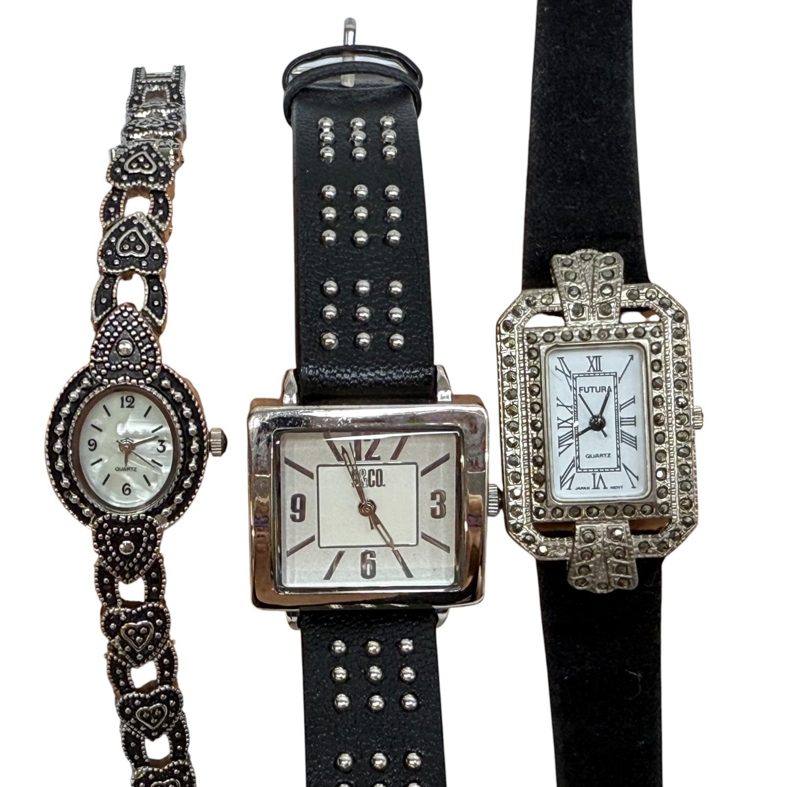 Lot of 3 Watches Women’s Wristwatches Black, Silver Tone, Marcasite Gemstones