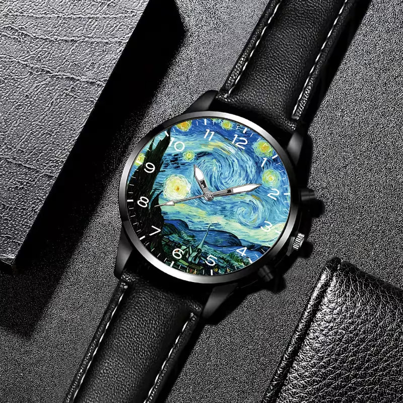 Men Van Gogh Starry Sky Watch Round Alloy Case Faux Leather Strap Analog