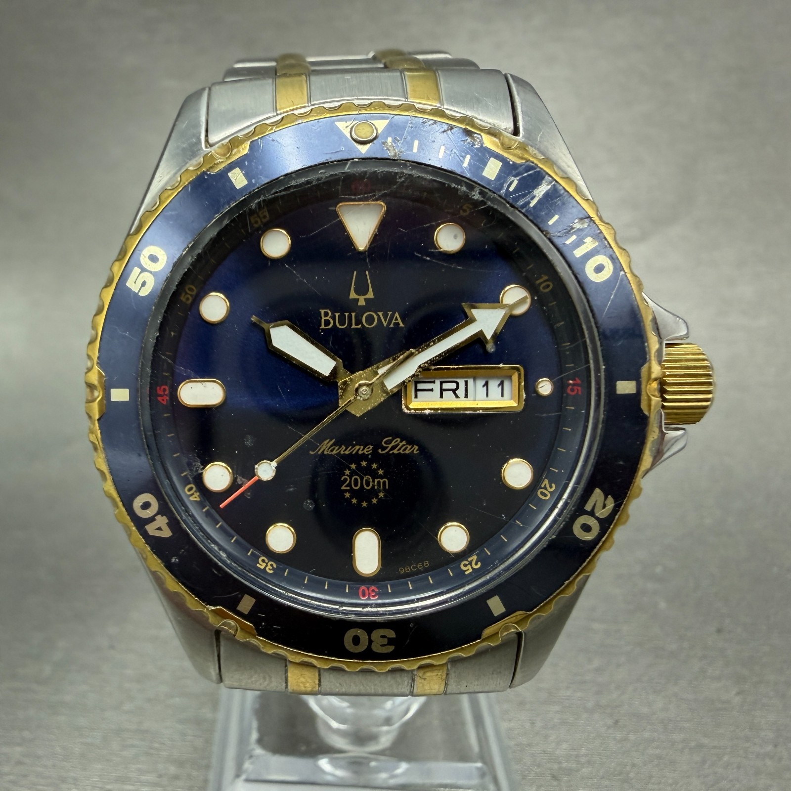 Bulova Marine Star Dive Watch Men 42mm Blue Dial Two Tone Daydate 98C58 New Batt