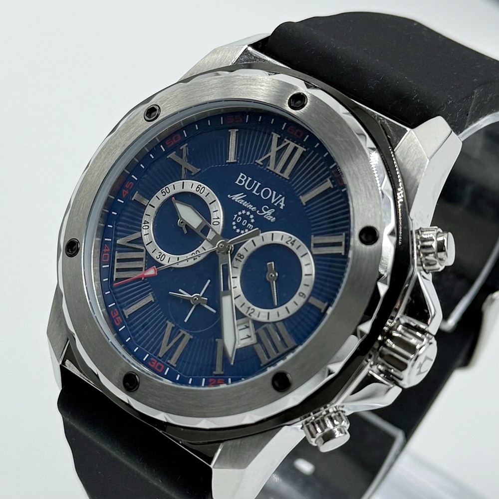 Bulova Men’s Marine Star Quartz Blue Dial Black Rubber Strap Watch 98B258