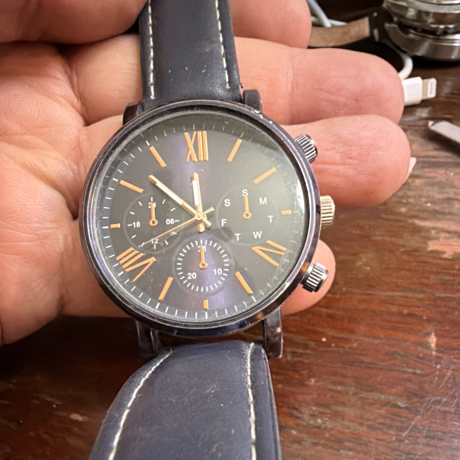 Quartz Analog Chronograph Watch Black Dial Roman/Stick Indexes Leather Strap