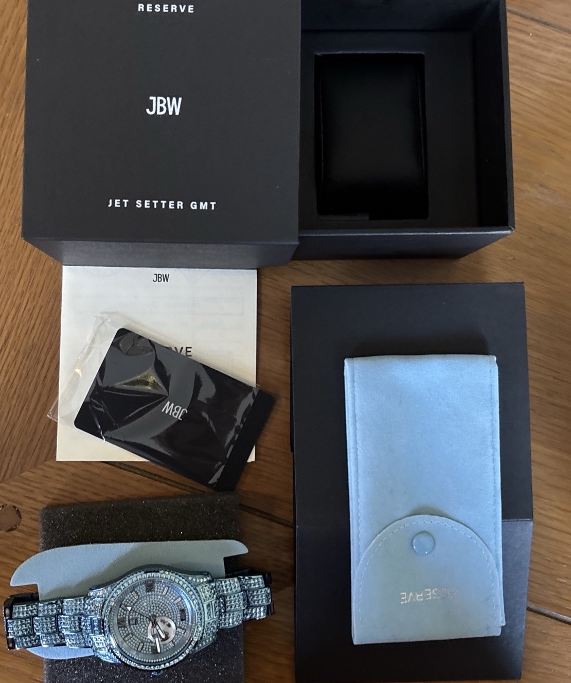 Bust Down RESERVE JET SETTER GMT AQUA 46mm – 1065 Crystals – 23 VS Lab Diamonds