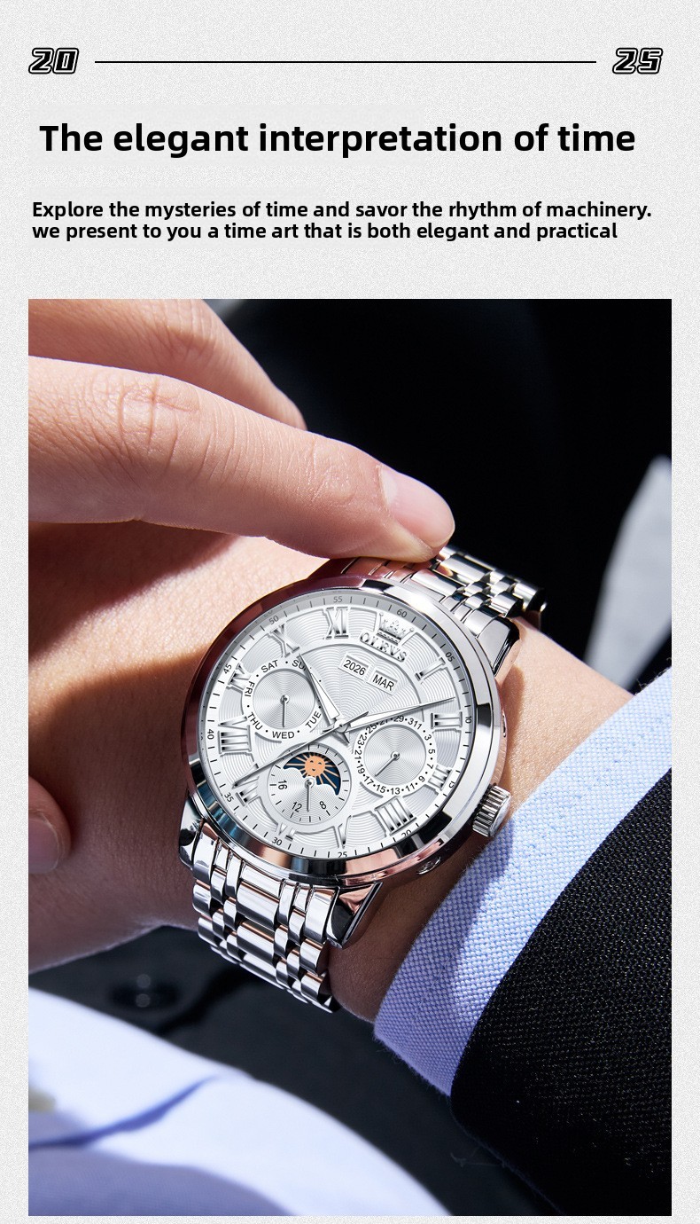 OLEVS Moon Phase Automatic Mechanical Men Watch Self-wind Skeleton Leather Band