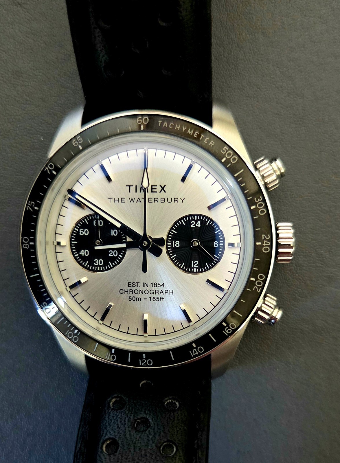 Timex Waterbury Men’s 39mm Chronograph Quartz Tachymeter Black Leather Strap 50m