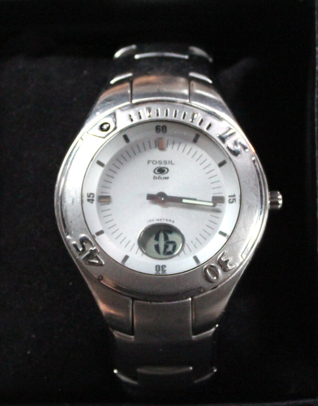 Vintage Fossil Blue Big Tic Am-3407 340105 Stainless Water Resist 100 Meters