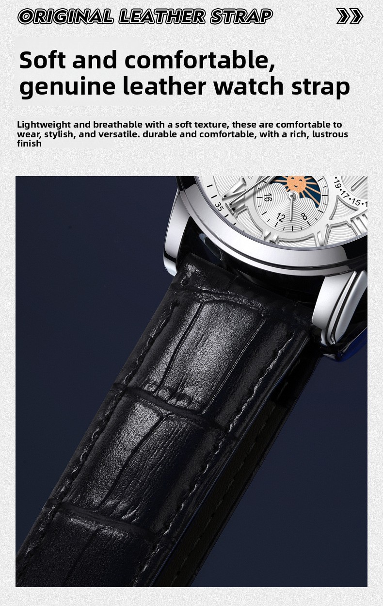 OLEVS Moon Phase Automatic Mechanical Men Watch Self-wind Skeleton Leather Band