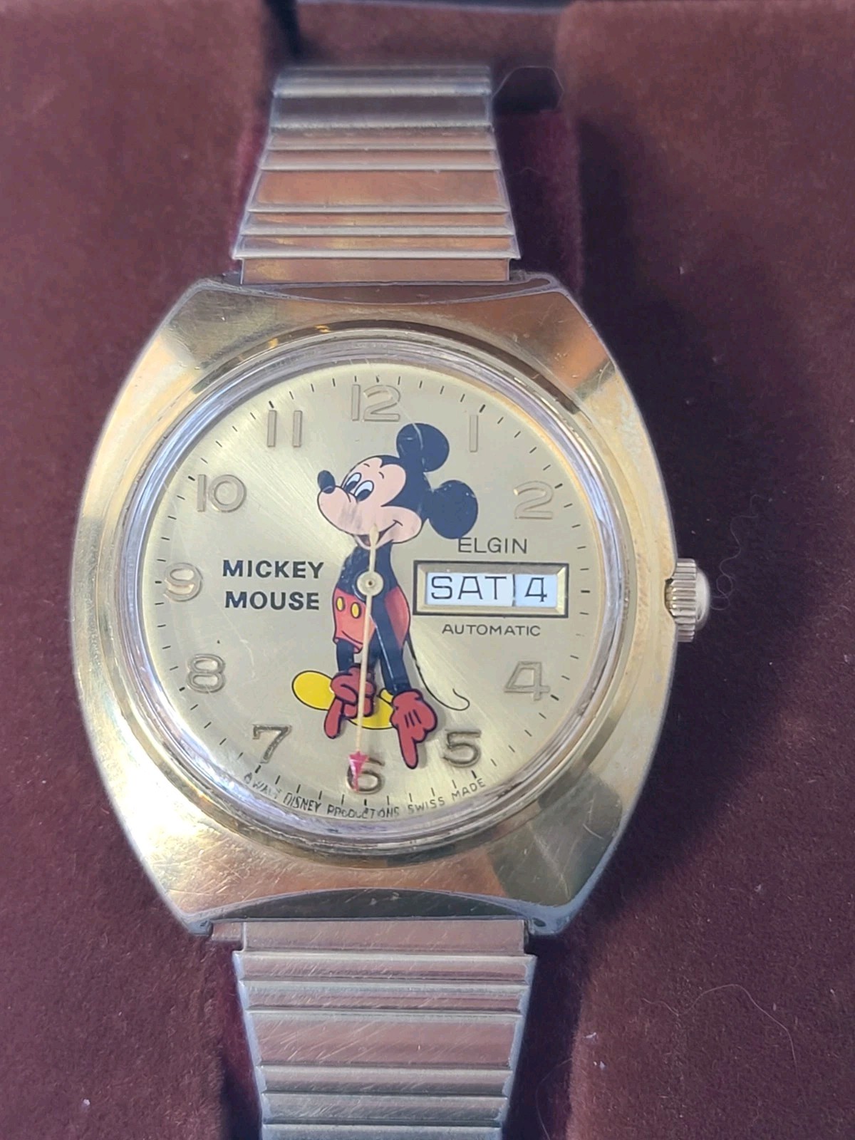 Vintage Elgin Mickey Mouse Automatic Watch Gold Day-Date Expansion Band Tested