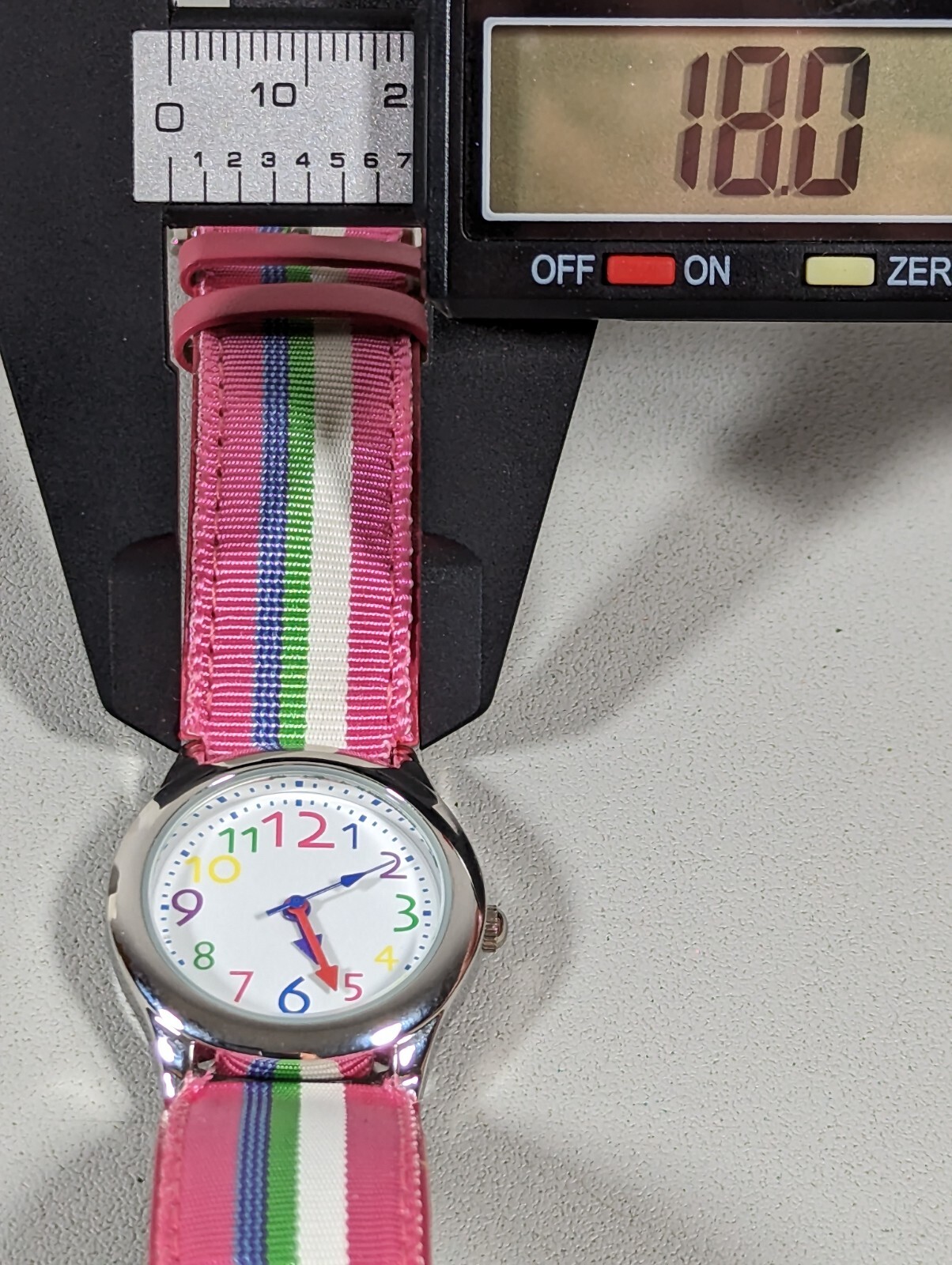 White Dial Round Silver Tone Case Pink White Green Blue Canvas Band Watch