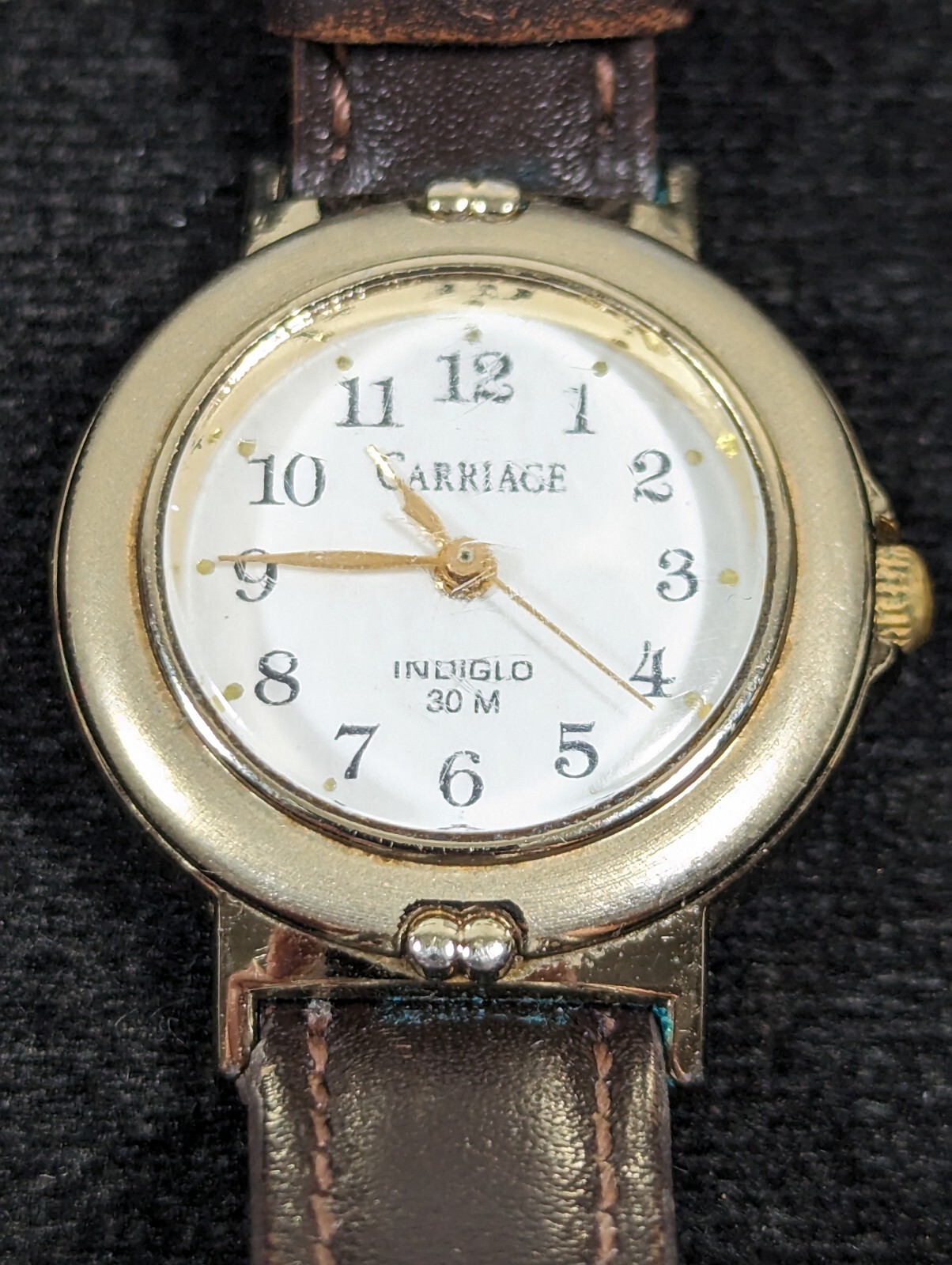 Carriage Indiglo Womans White Dial Gold Tone Case Brown Leather Band Watch 7.5in
