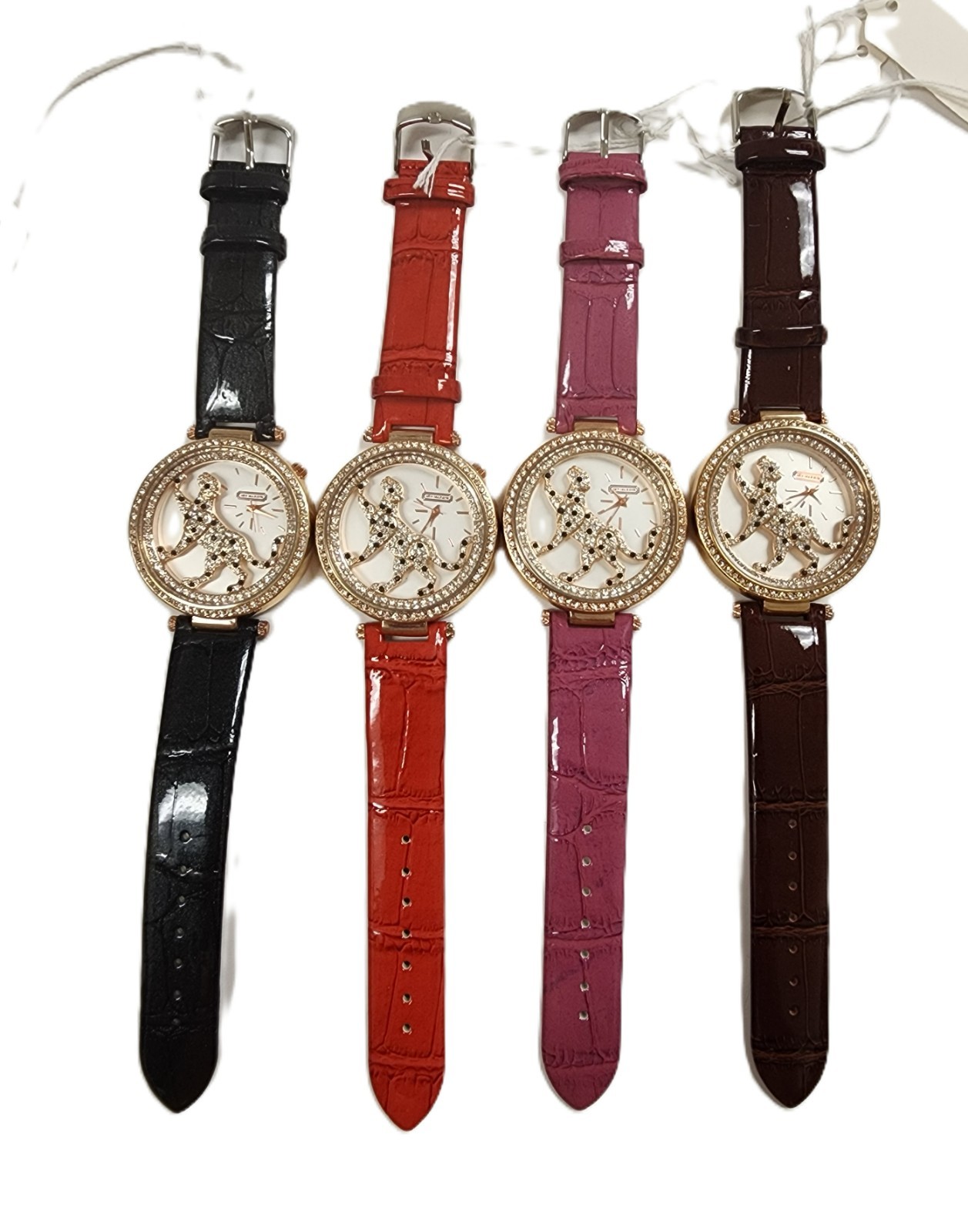 GENEVA ROSE, GOLD CHEETAH,LEOPARD CRYSTAL BLACK RED PINK BROWN LEATHERETTE WATCH